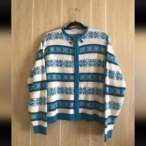 VTG 60s 70s Ski Valley Teal Blue White Winter Full Zipper Cardigan LARGE Sweater